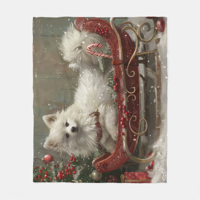 American Eskimo Dog Christmas Festive  Fleece Blanket (Front)