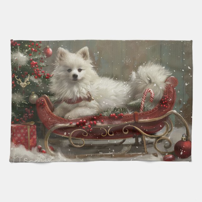 American Eskimo Dog Christmas Festive  Kitchen Towel (Horizontal)