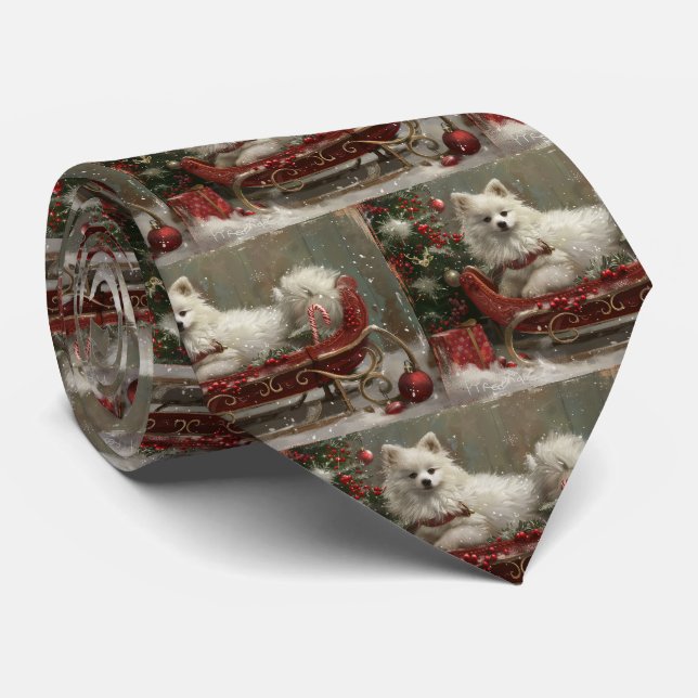 American Eskimo Dog Christmas Festive  Neck Tie (Rolled)