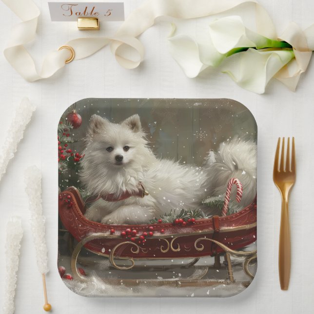 American Eskimo Dog Christmas Festive  Paper Plates (Wedding)