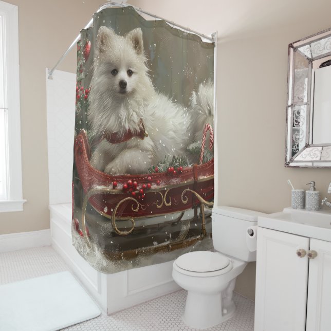 American Eskimo Dog Christmas Festive  Shower Curtain (In Situ)