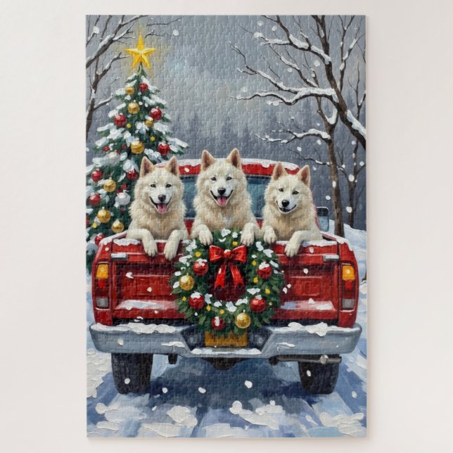 American Eskimo Dog Christmas Red Truck Holiday Jigsaw Puzzle (Vertical)