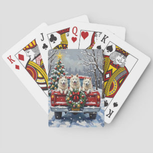 American Eskimo Dog Christmas Red Truck Holiday Poker Cards