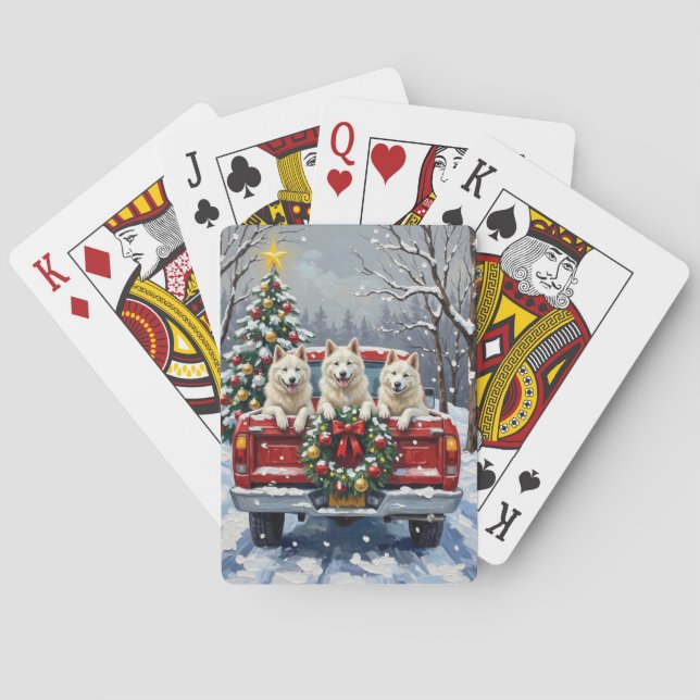 American Eskimo Dog Christmas Red Truck Holiday Poker Cards (Back)