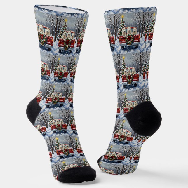 American Eskimo Dog Christmas Red Truck Holiday Socks (Angled)