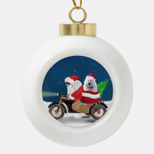 American Eskimo Dog Christmas Santa Claus  Ceramic Ball Christmas Ornament