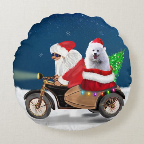 American Eskimo Dog Christmas Santa Claus  Round Pillow