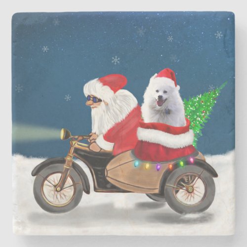 American Eskimo Dog Christmas Santa Claus  Stone Coaster