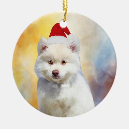 American Eskimo Dog Christmas Santa Hat Ceramic Ornament