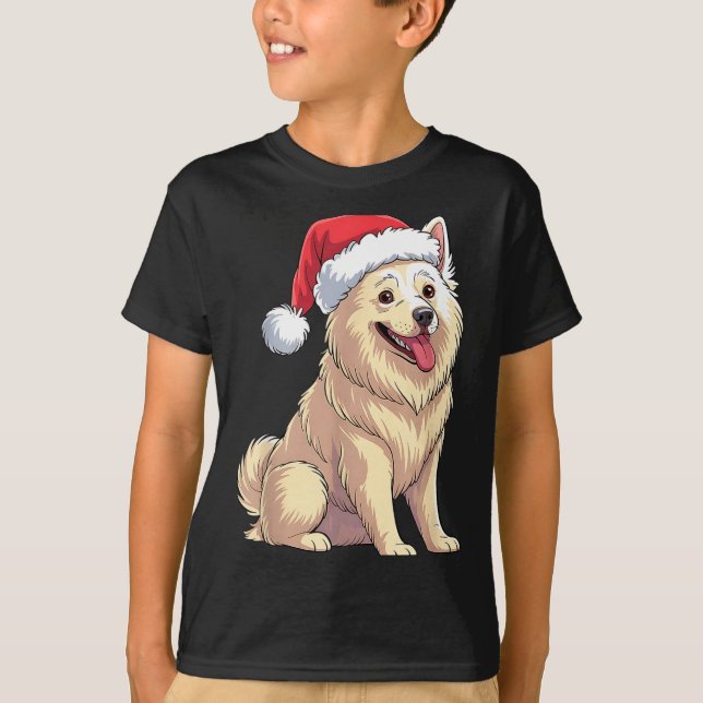American Eskimo Dog Christmas Santa Hat Pet Dog Lo T-Shirt (Front)