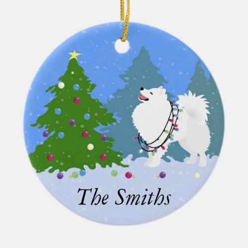 American Eskimo Dog Decorating Christmas Tree Ceramic Ornament