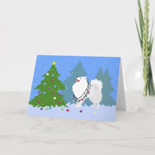 American Eskimo Dog Decorating Christmas Tree Holiday Card