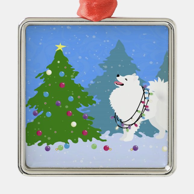 American Eskimo Dog Decorating Christmas Tree Metal Ornament (Front)