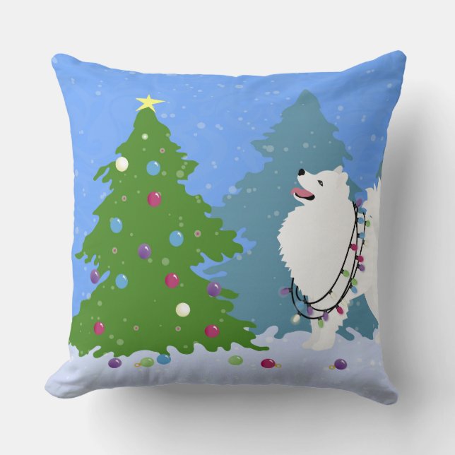 American Eskimo Dog Decorating Christmas Tree Throw Pillow (Front)