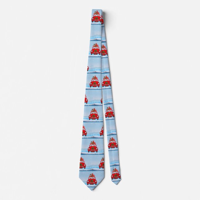 American Eskimo Dog In Car With Santa Claus Neck Tie (Front)