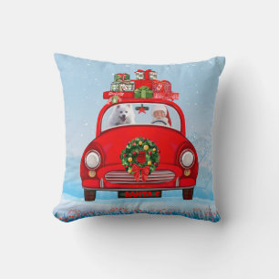American Eskimo Dog In Car With Santa Claus Throw Pillow