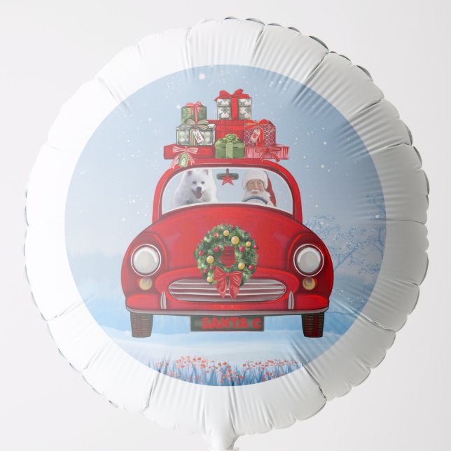 American Eskimo Dog In Car With Santa Clause  Balloon (Front)