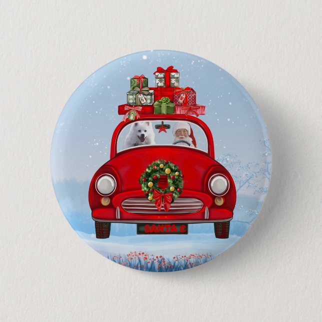 American Eskimo Dog In Car With Santa Clause  Button (Front)