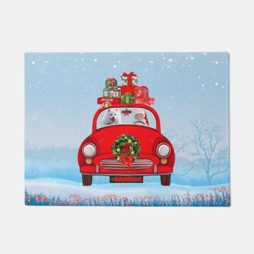 American Eskimo Dog In Car With Santa Clause  Doormat