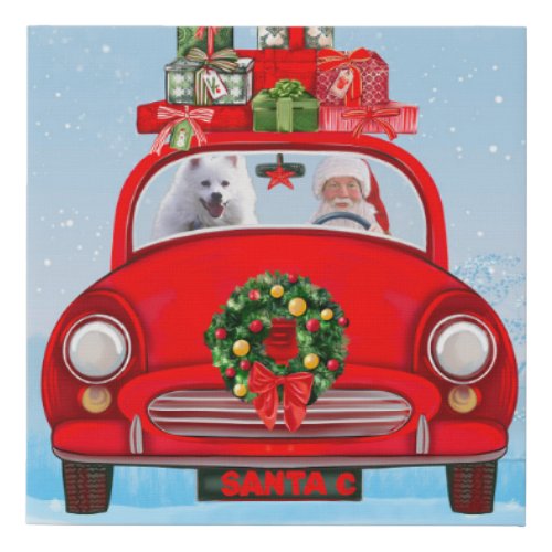 American Eskimo Dog In Car With Santa Clause Faux Canvas Print