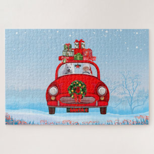 American Eskimo Dog In Car With Santa Clause Jigsaw Puzzle