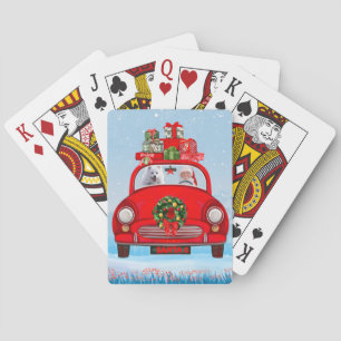 American Eskimo Dog In Car With Santa Clause Poker Cards