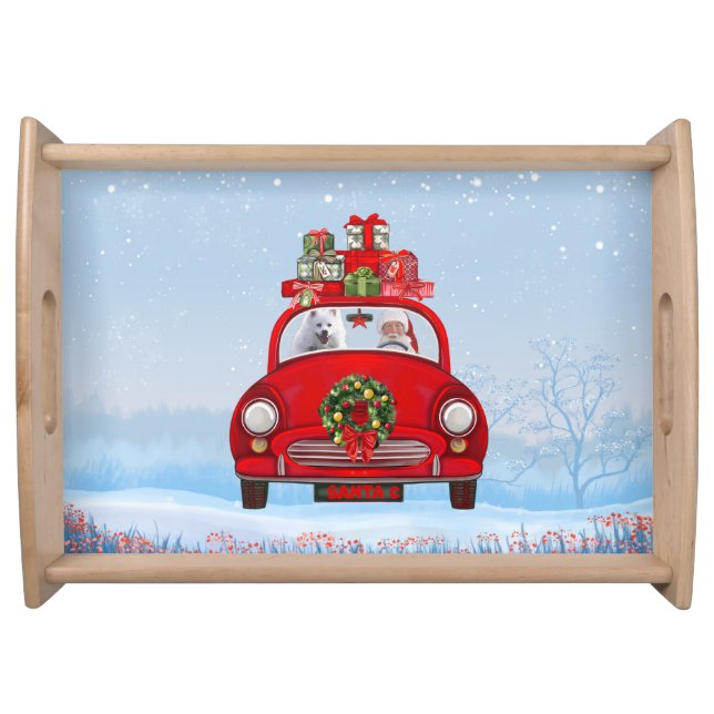 American Eskimo Dog In Car With Santa Clause  Serving Tray (Front)