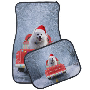 American Eskimo Dog in Snow sitting in Christmas Car Floor Mat