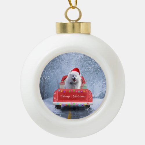 American Eskimo Dog in Snow sitting in Christmas Ceramic Ball Christmas Ornament