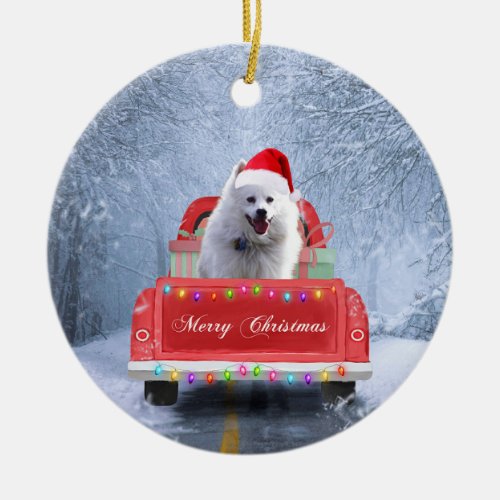 American Eskimo Dog in Snow sitting in Christmas  Ceramic Ornament