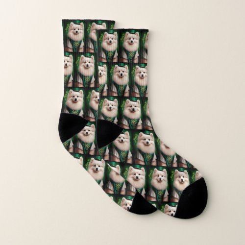 American Eskimo dog in St Patricks Day Dress Socks