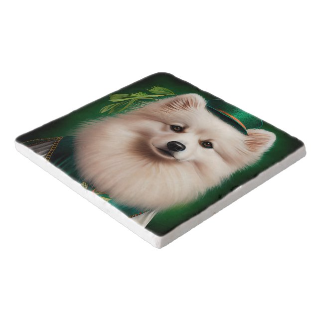 American Eskimo dog in St. Patrick's Day Dress Trivet (Corner)