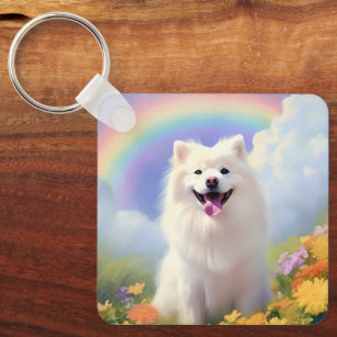 American Eskimo Dog Memorial Custom Name Rainbow Keychain