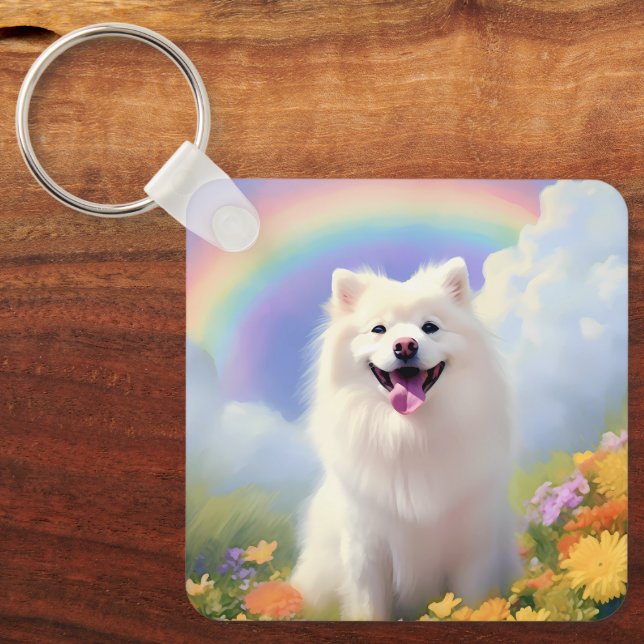 American Eskimo Dog Memorial Custom Name Rainbow Keychain (Front)