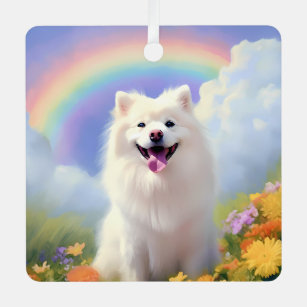 American Eskimo Dog Memorial Custom Name Rainbow Metal Ornament