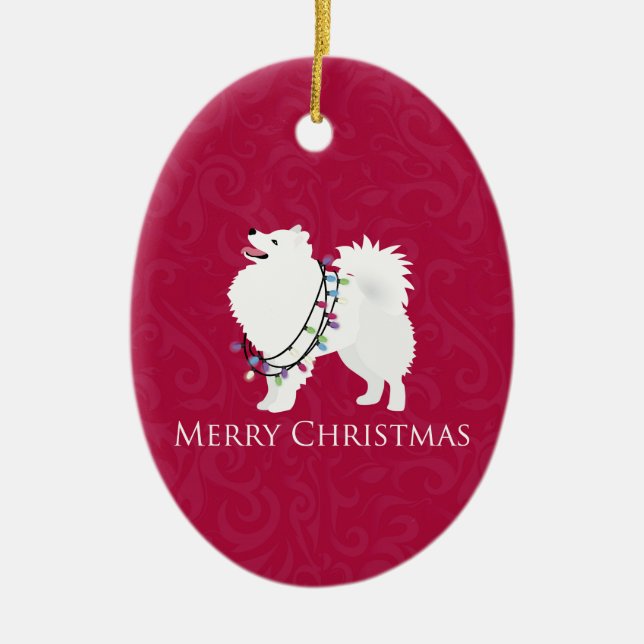 American Eskimo Dog Merry Christmas Design Ceramic Ornament (Front)