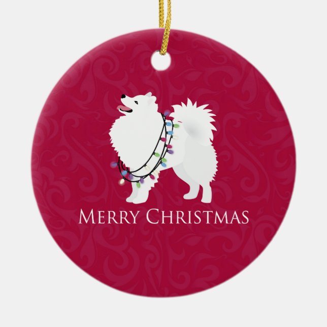 American Eskimo Dog Merry Christmas Design Ceramic Ornament (Front)
