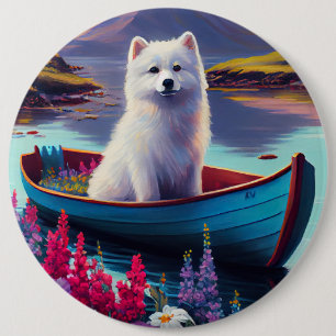 American Eskimo Dog on Paddle: A Scenic Adventure Button