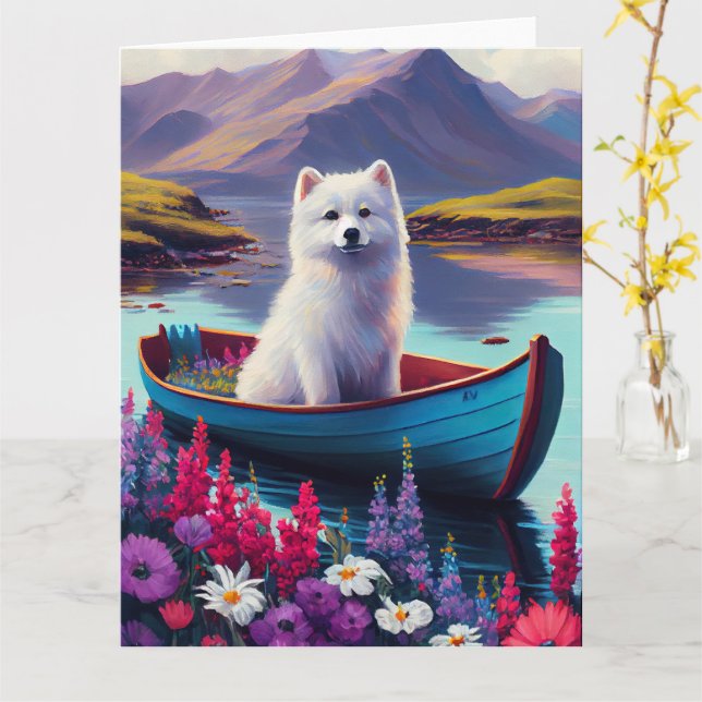 American Eskimo Dog on Paddle: A Scenic Adventure Card (Yellow Flower)