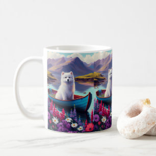 American Eskimo Dog on Paddle: A Scenic Adventure Coffee Mug