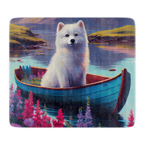 American Eskimo Dog on Paddle A Scenic Adventure Cutting Board