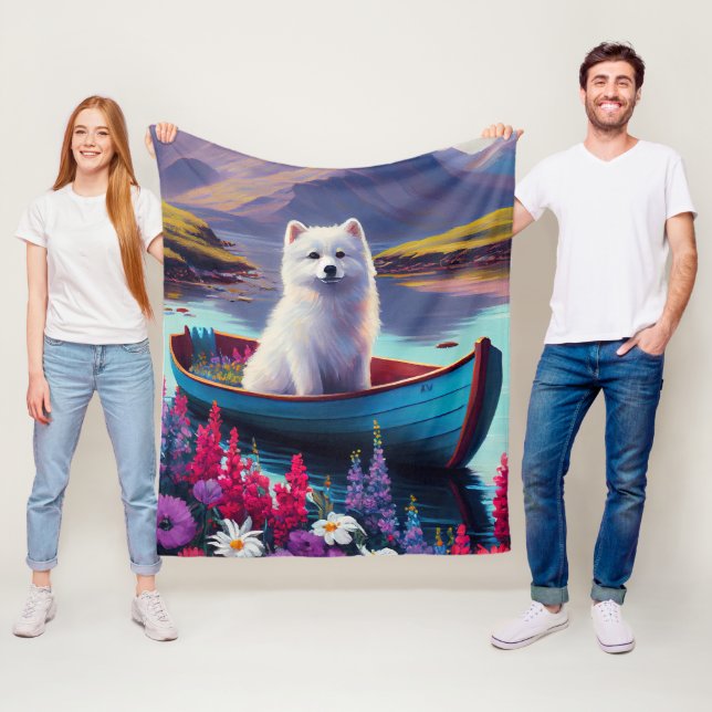 American Eskimo Dog on Paddle: A Scenic Adventure Fleece Blanket (In Situ)