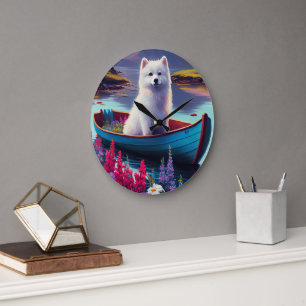 American Eskimo Dog on Paddle: A Scenic Adventure Large Clock