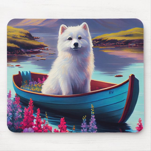 American Eskimo Dog on Paddle: A Scenic Adventure Mouse Pad (Front)