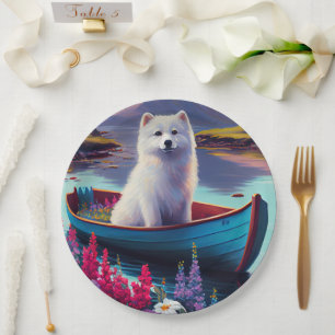American Eskimo Dog on Paddle: A Scenic Adventure Paper Plates