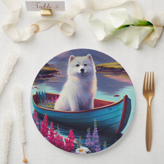American Eskimo Dog on Paddle: A Scenic Adventure Paper Plates (Wedding)