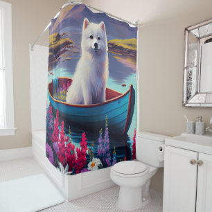 American Eskimo Dog on Paddle: A Scenic Adventure Shower Curtain