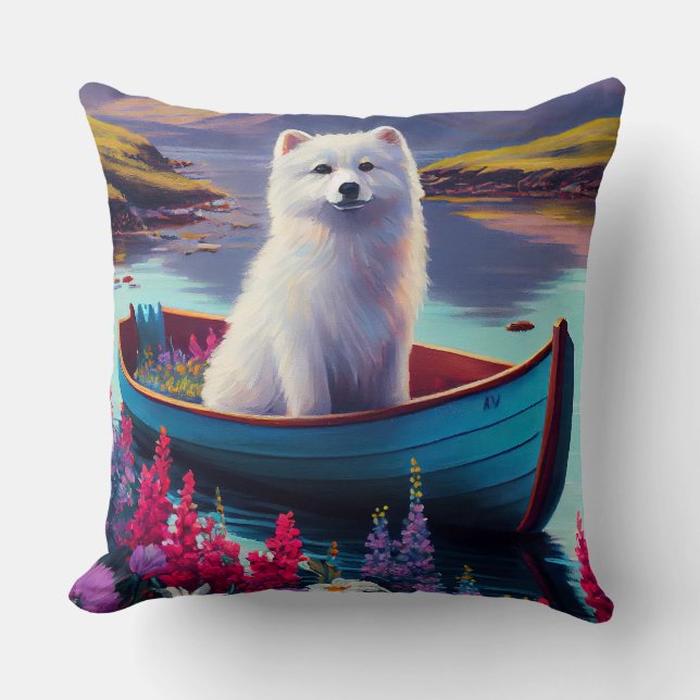 American Eskimo Dog on Paddle: A Scenic Adventure Throw Pillow (Front)