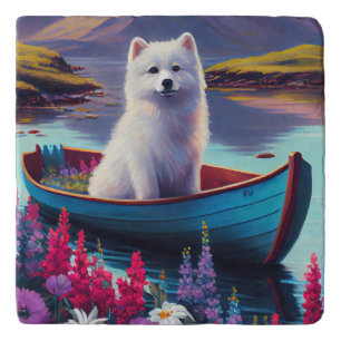 American Eskimo Dog on Paddle: A Scenic Adventure Trivet