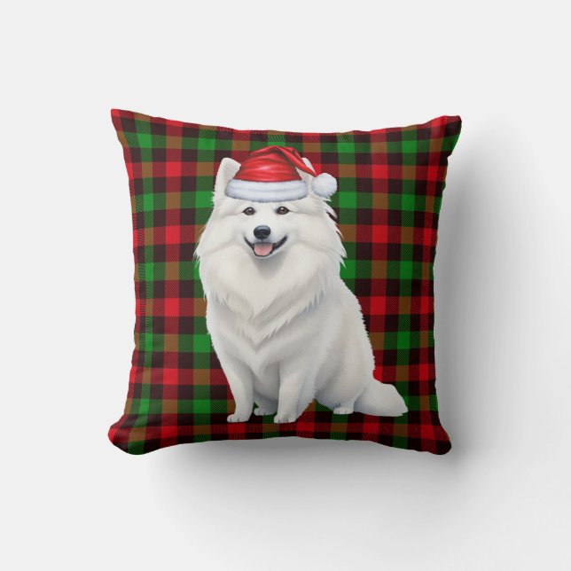 American Eskimo Dog Red Plaid Christmas Holiday Throw Pillow (Front)